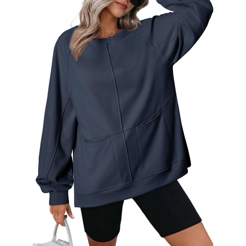 Women's Oversized Crewneck Long Sleeve Shirts Solid Color Pullover 