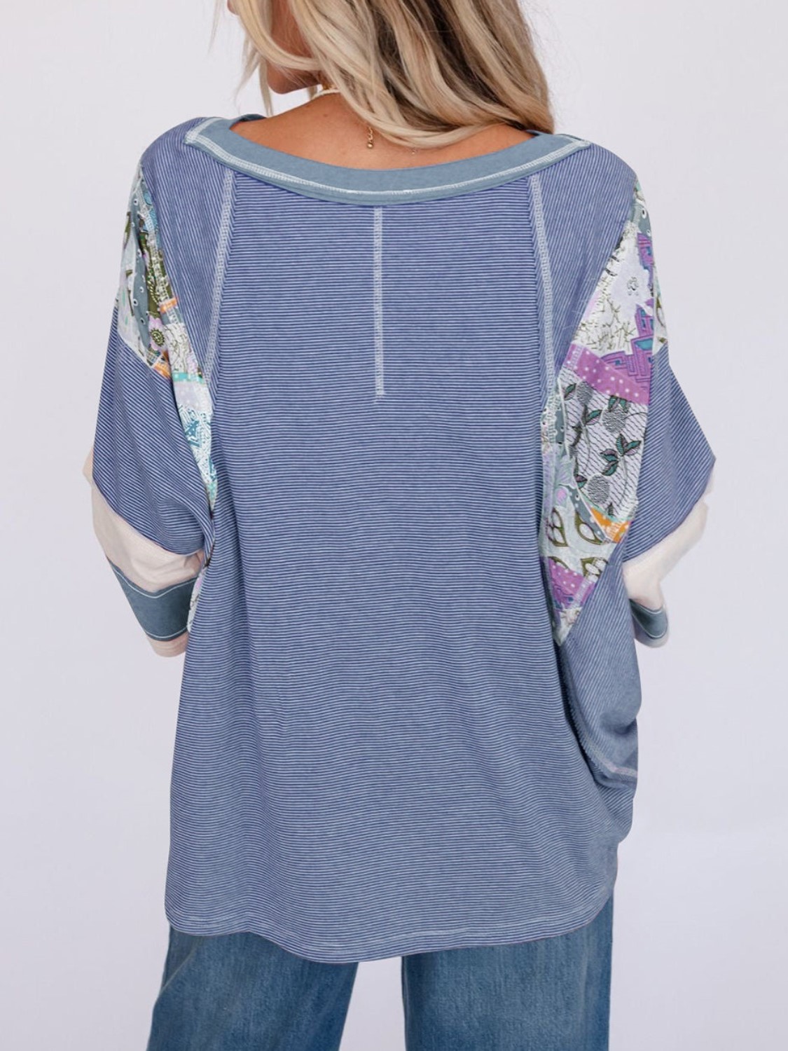 Women's Casual Striped Floral Print Patchwork Oversized 3/4 Sleeve Top