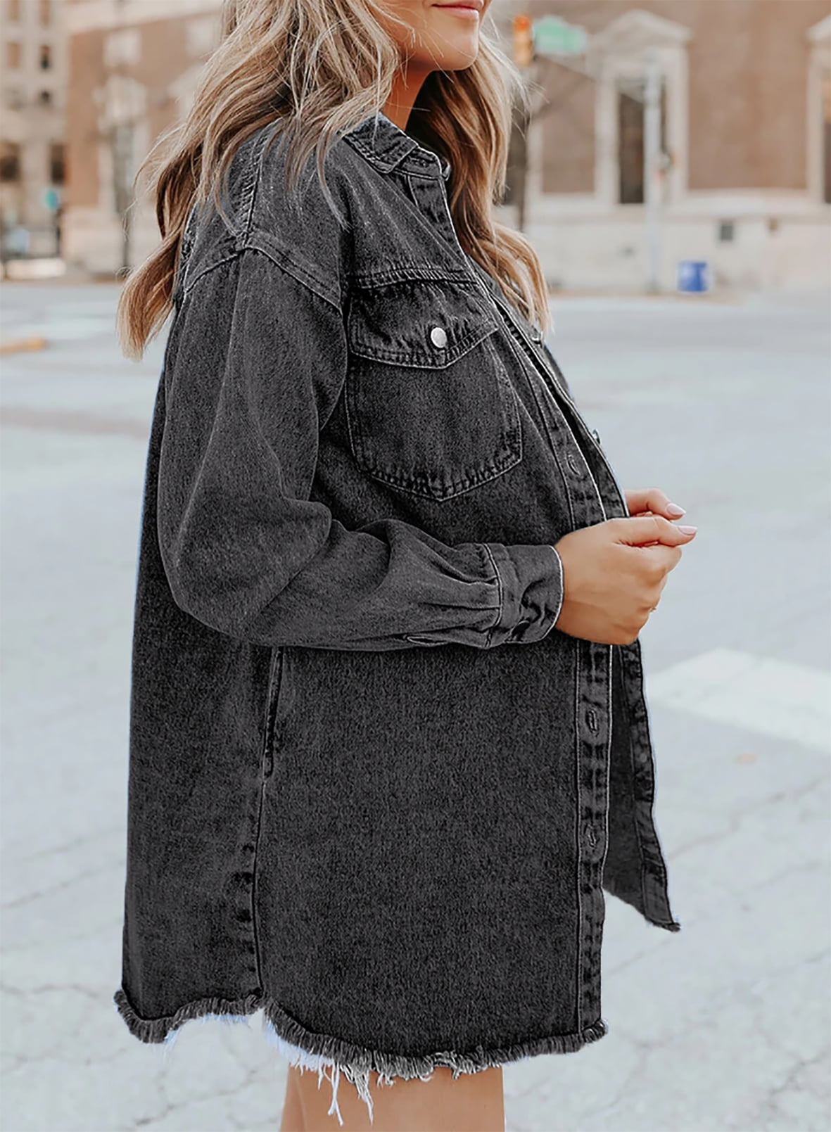 Women's Casual Denim Button Down Distressed Jacket