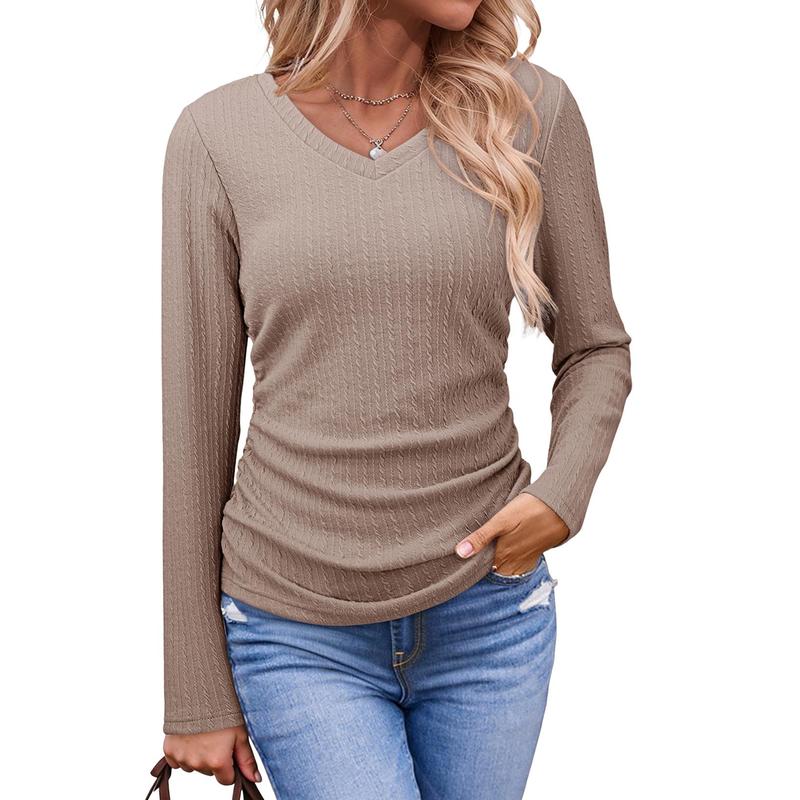 Womens  Solid Ruched Basic Tunics Casual V Neck Long Sleeve Shirts Tops