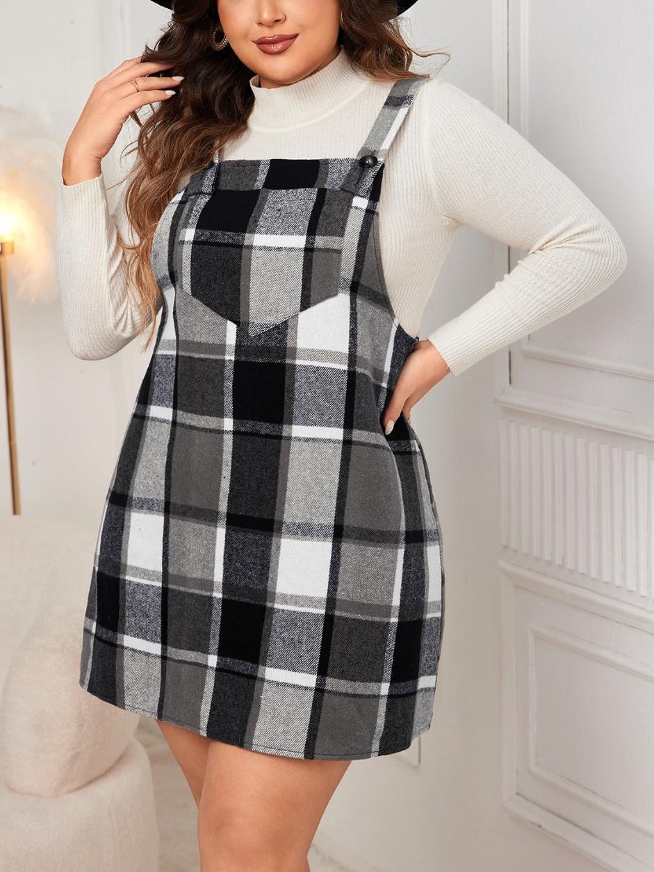 Plus Size Plaid Print Pocket Pinafore Dress