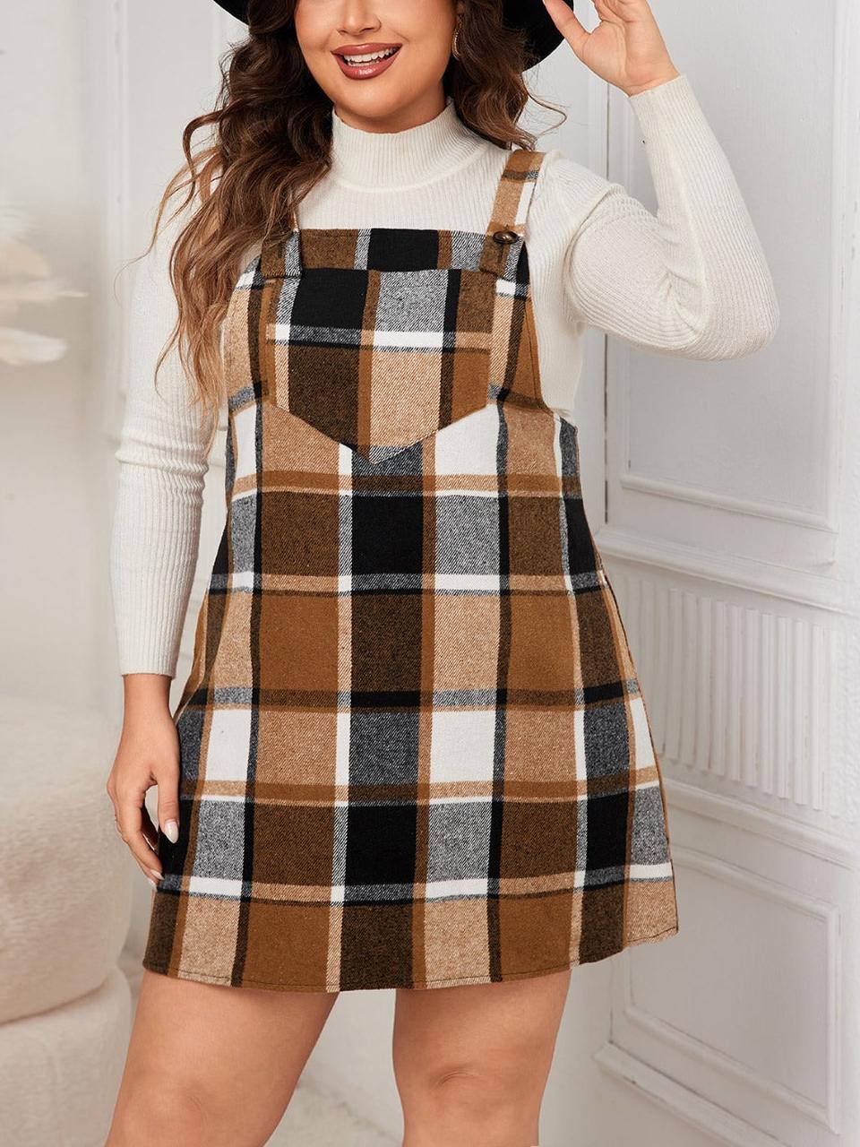 Plus Size Plaid Print Pocket Pinafore Dress
