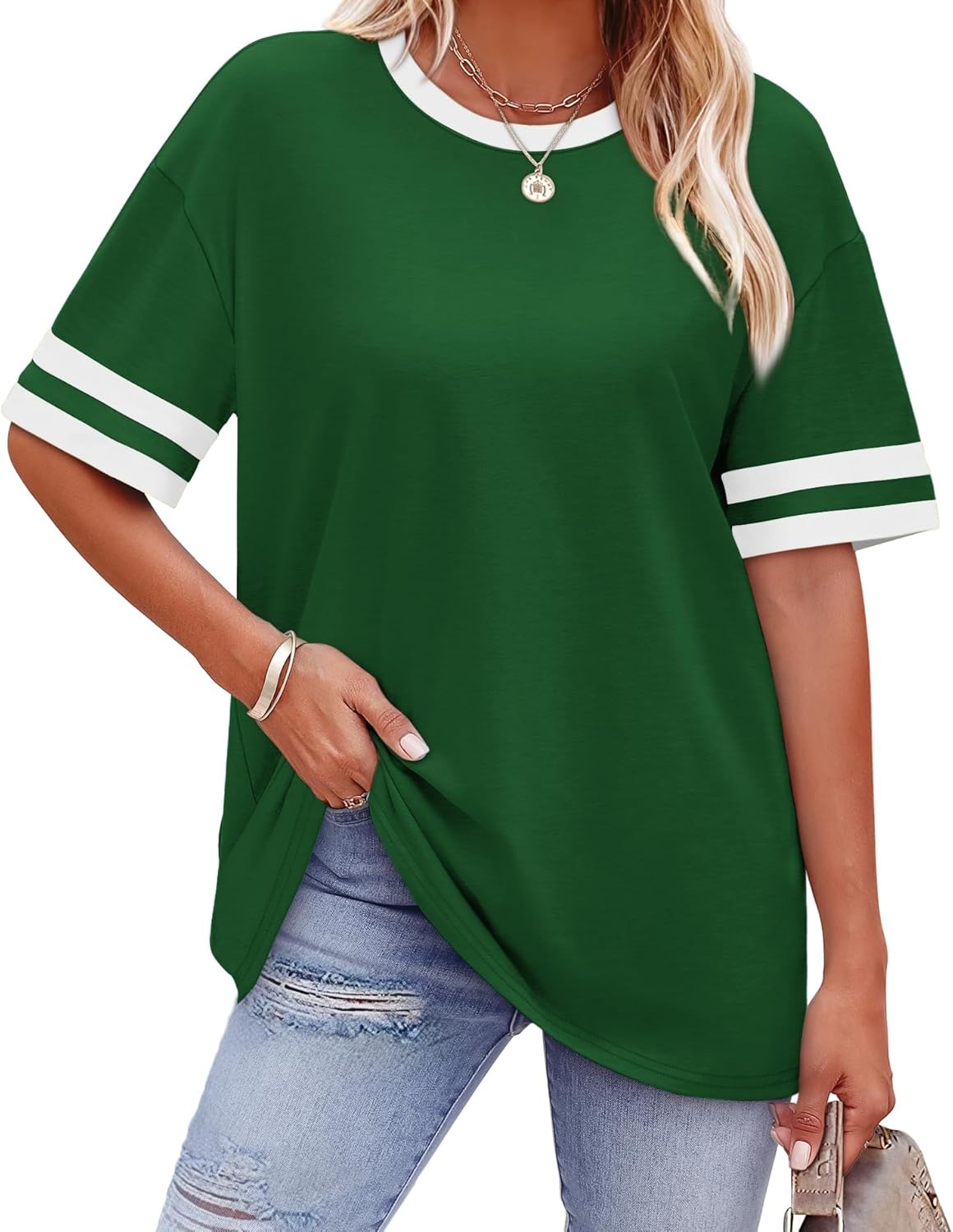 Women's Oversized Crew Neck Colorblock Striped Sleeve T-shirt