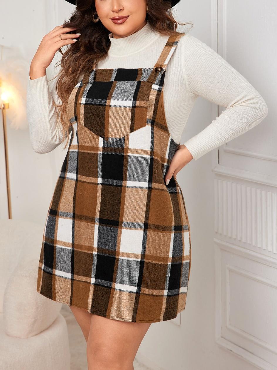 Plus Size Plaid Print Pocket Pinafore Dress