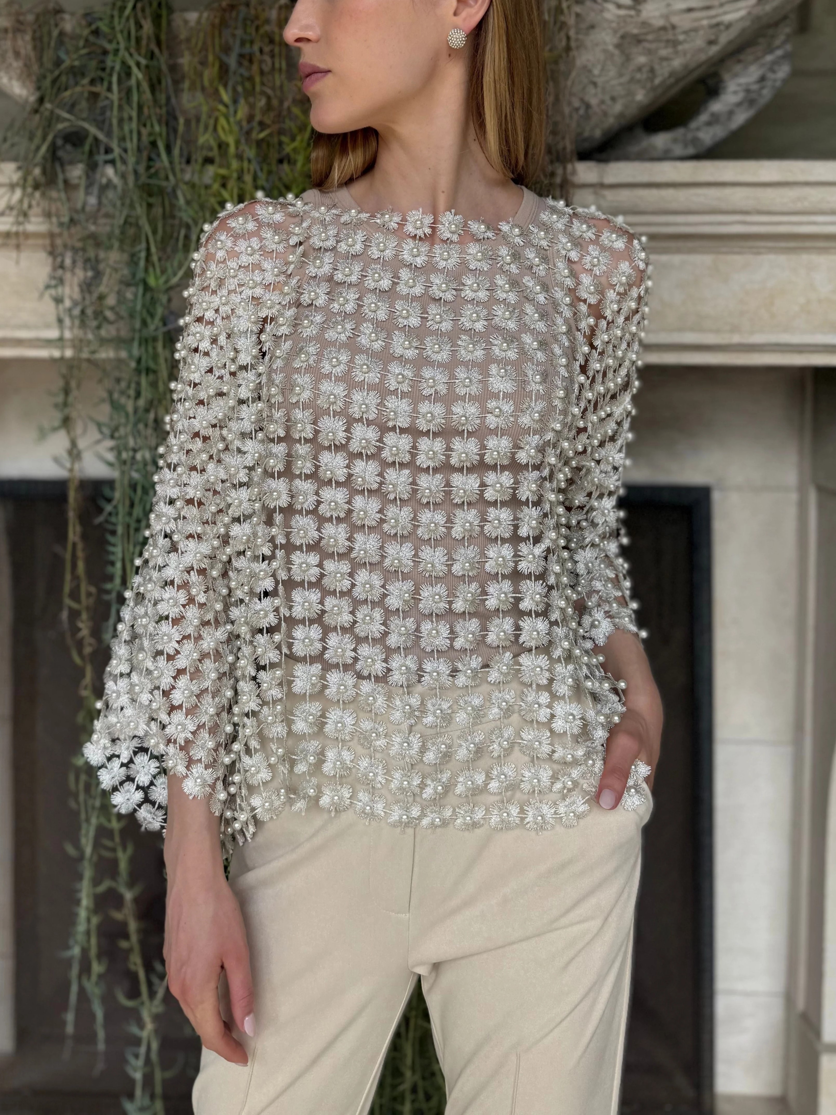 Women's Lace Beaded Floral Cutout Long Sleeve Top Coverup