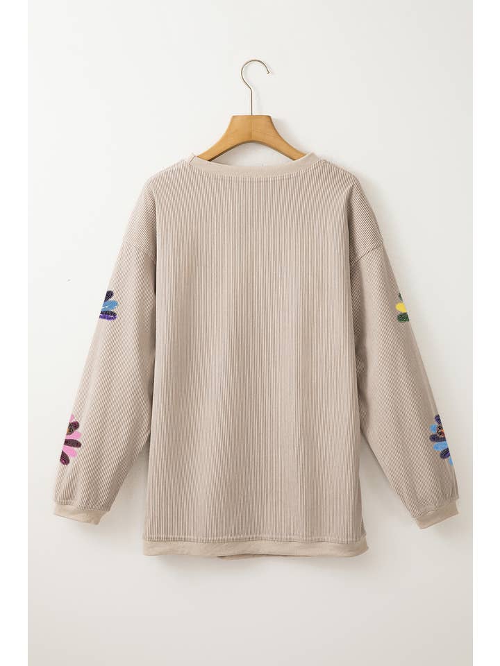 Women's Sequin Turkey Patch Thanksgiving Corduroy Sweatshirt (Buy 2 Free Shipping)