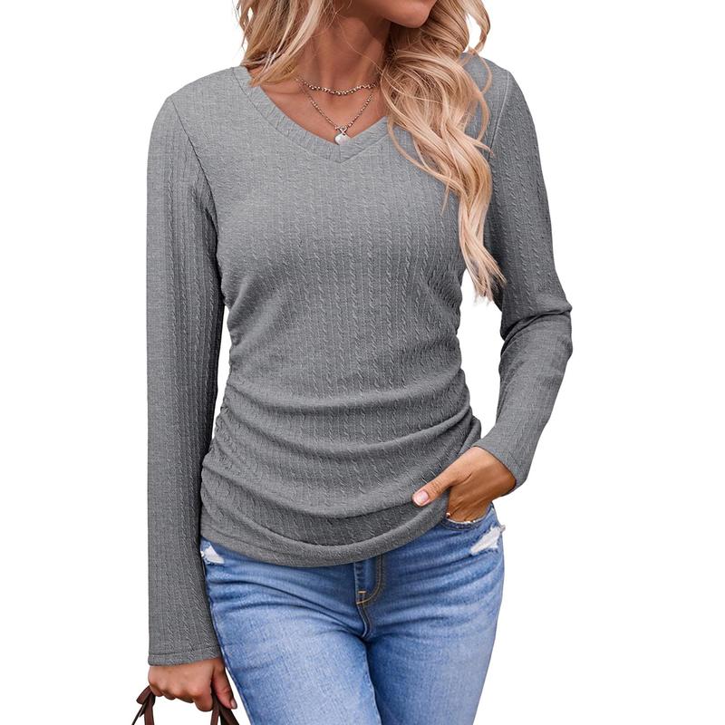 Womens  Solid Ruched Basic Tunics Casual V Neck Long Sleeve Shirts Tops