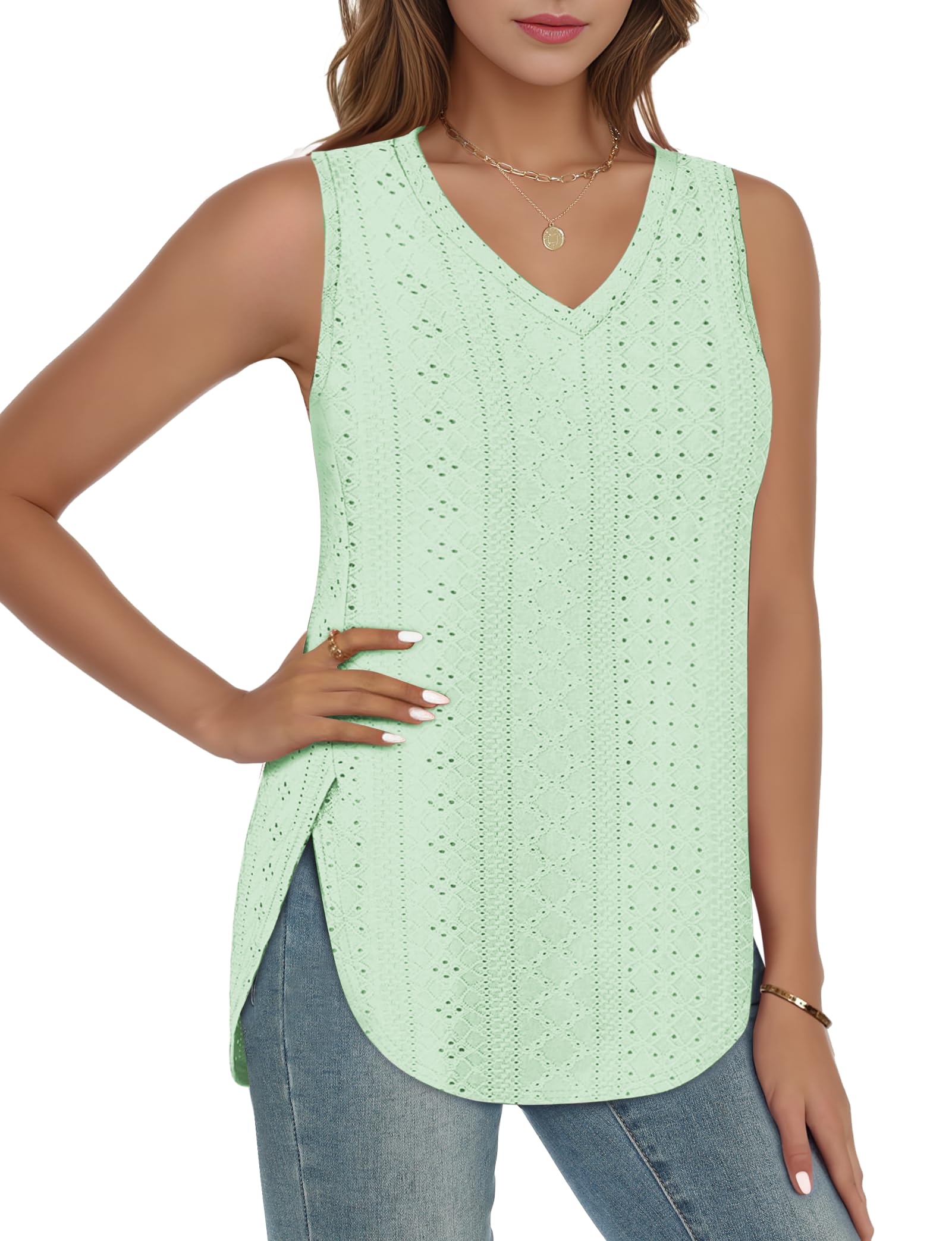 2025 New Womens V Neck Eyelet Embroidery Casaul Sleeveless Shirts(BUY 3 FREE SHIPPING)