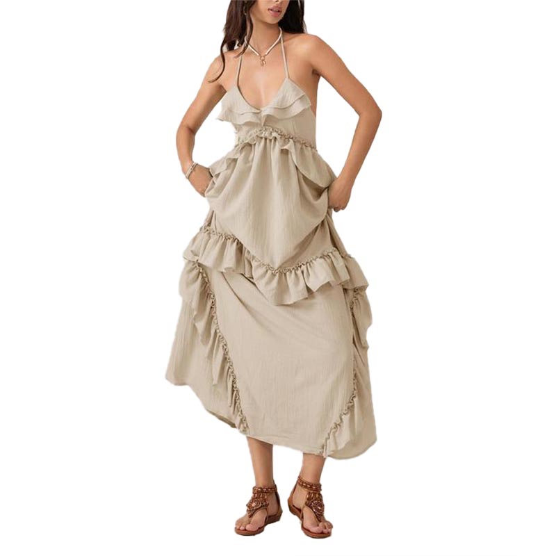 Women Sleeveless Halter Dress Backless Ruffled Summer Swing Dress 