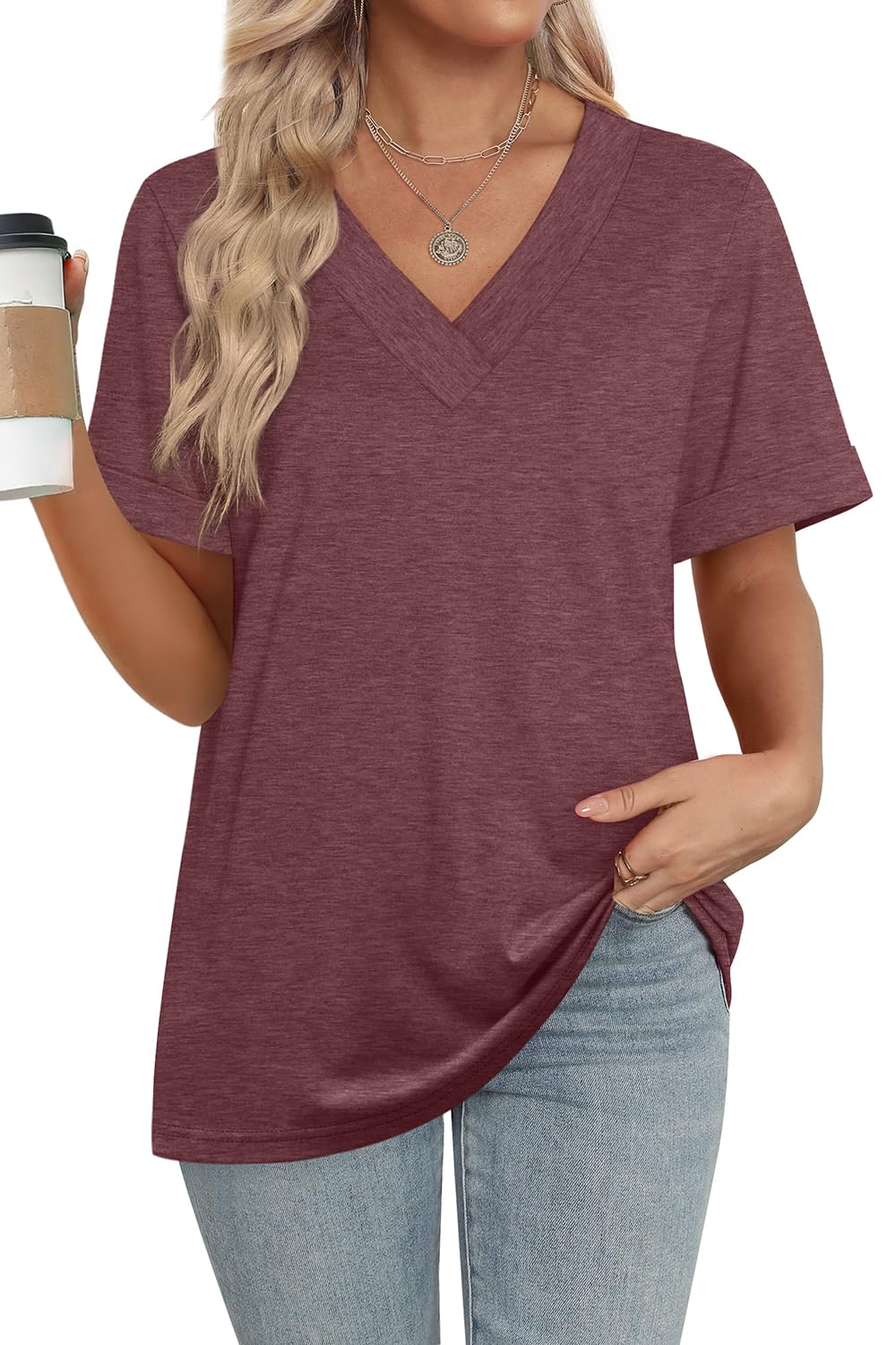 2025 New women's Summer Tops Short Sleeve Basic Casual V Neck T Shirts(BUY 3 FREE SHIPPING)