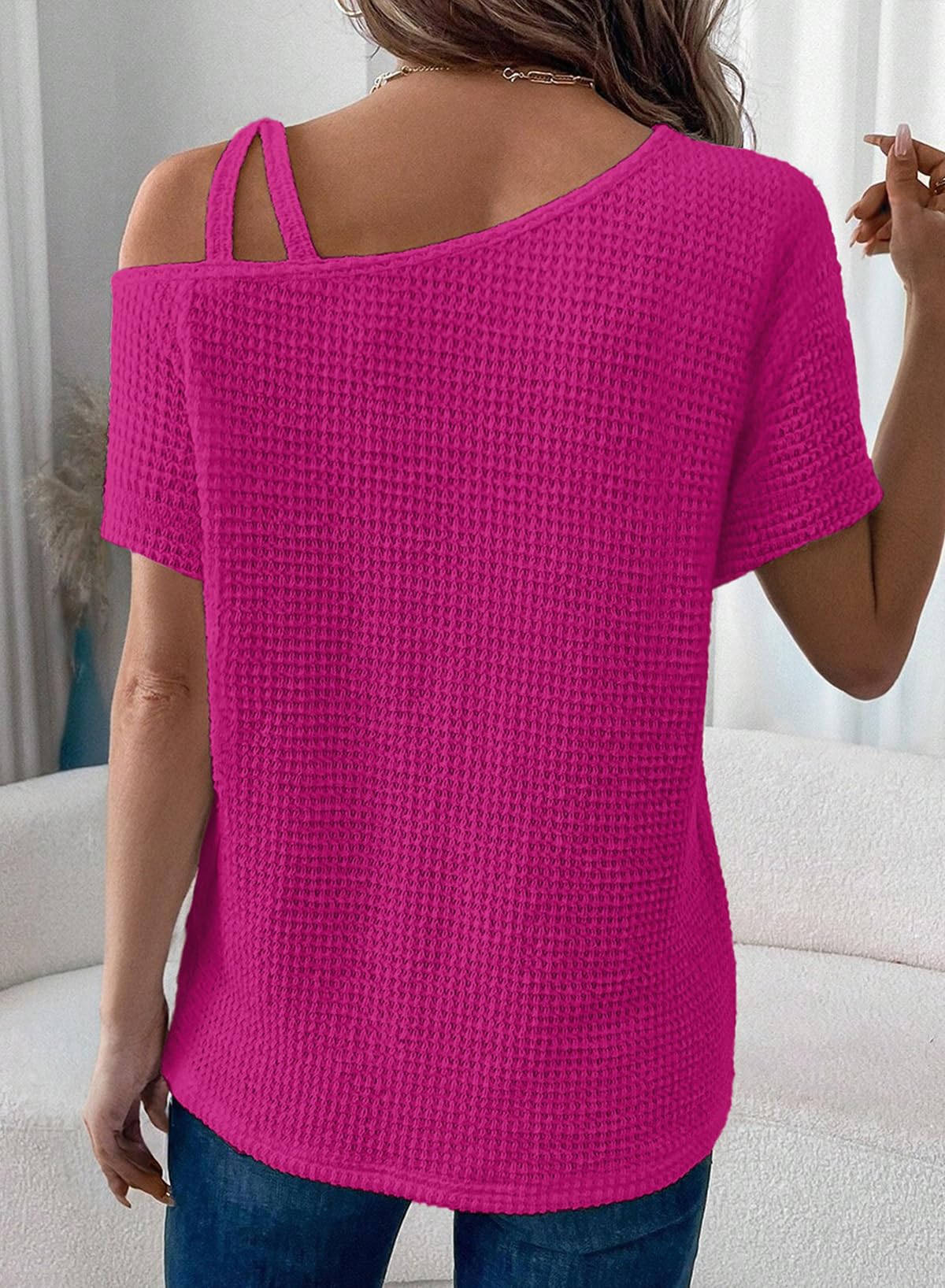 2025 New Women's Off One Shoulder Waffle Knit Short Sleeve T-Shirts(buy 2 free shipping)