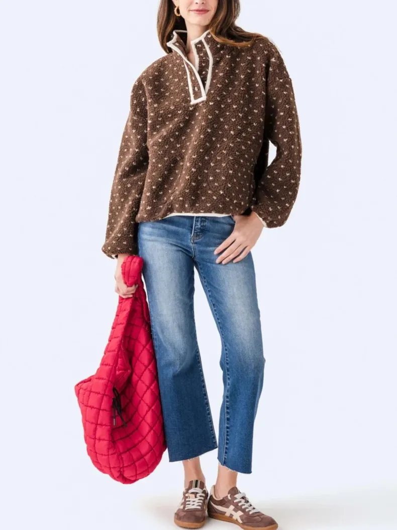 Women's Button-down Turtleneck Heart Sherpa Pullover