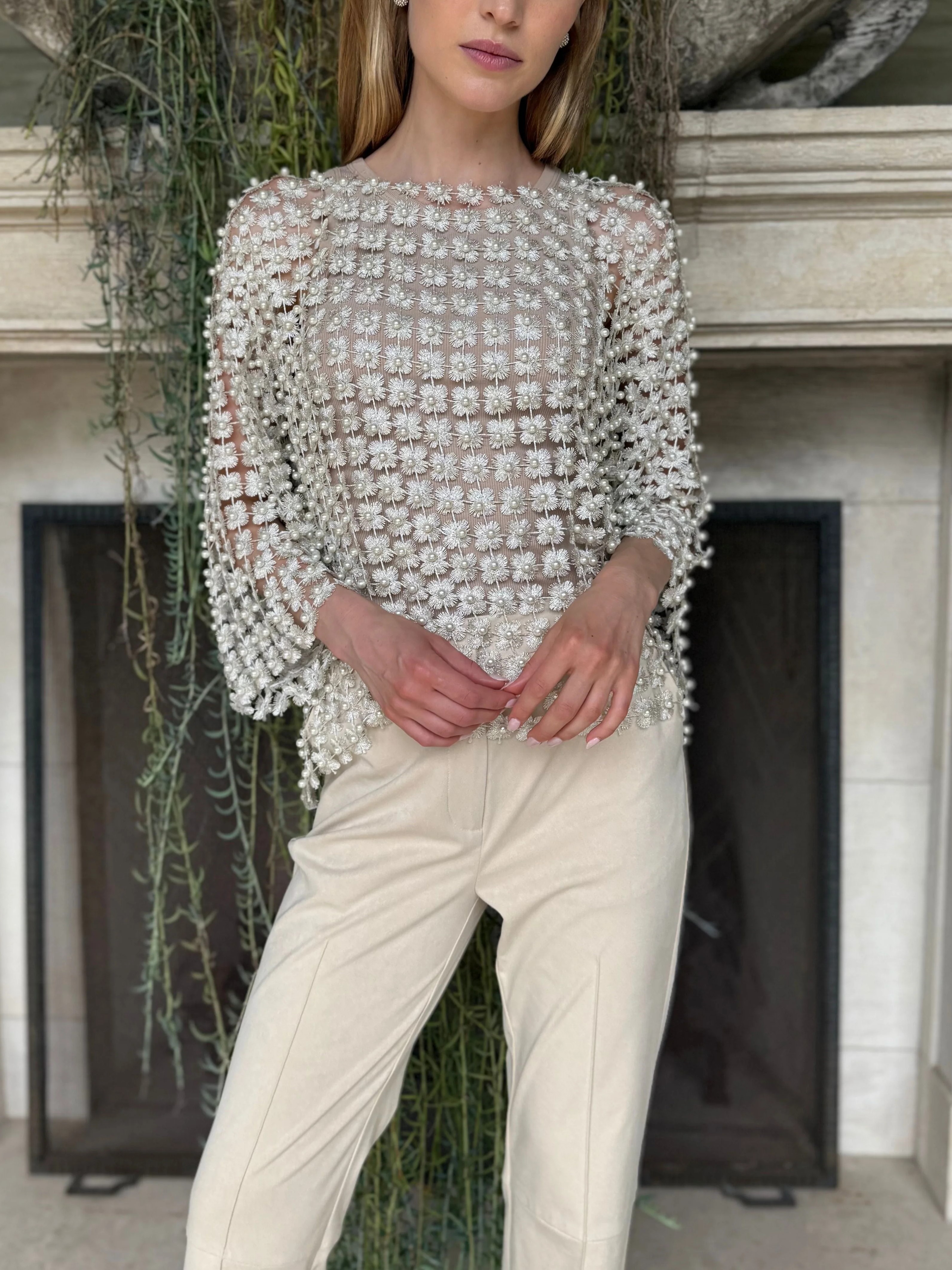 Women's Lace Beaded Floral Cutout Long Sleeve Top Coverup