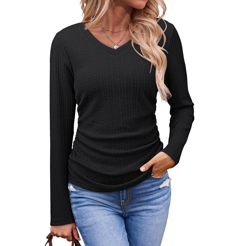 Womens  Solid Ruched Basic Tunics Casual V Neck Long Sleeve Shirts Tops
