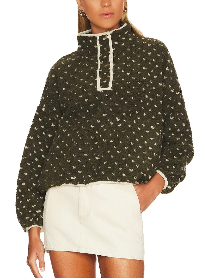 Women's Button-down Turtleneck Heart Sherpa Pullover