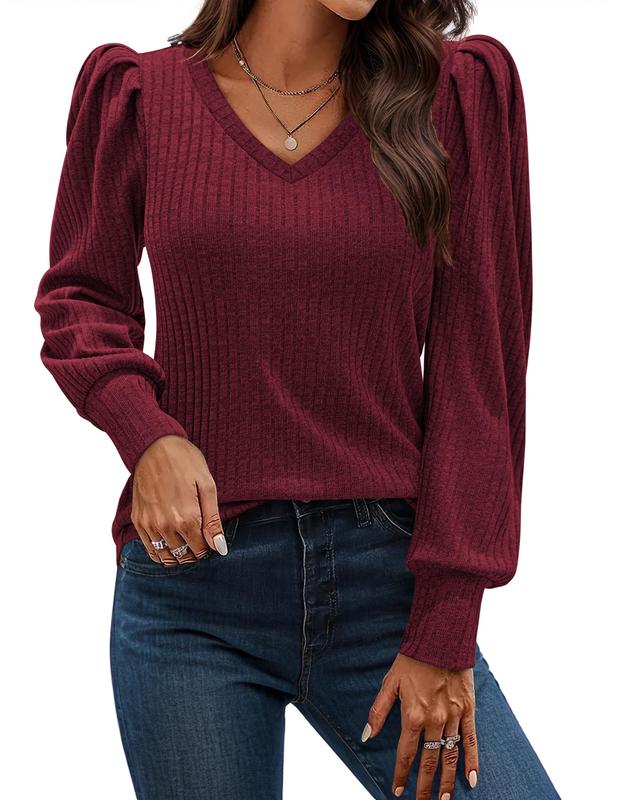 Women's Knit Shirt Soft Puff Long Sleeve Blouse Tops 