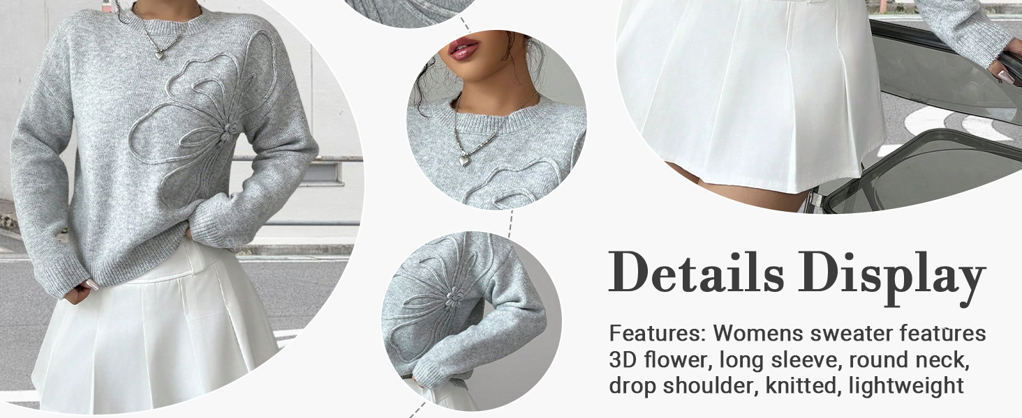 Women's 3D Floral Appliques Crewneck Sweaters Long Sleeve Drop Shoulder Pullovers Elegant Knit Tops