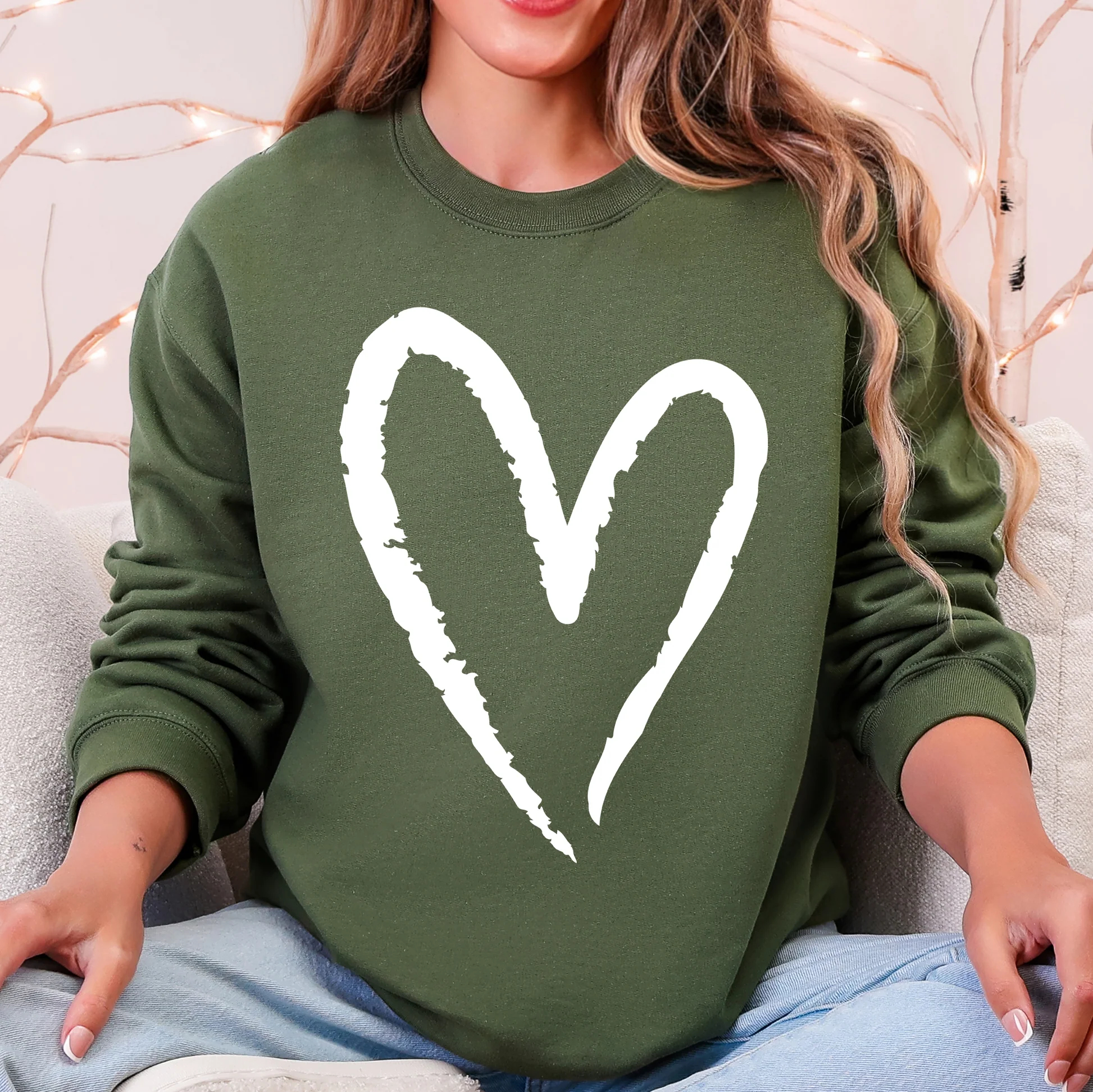 Womens Valentine Day Heart Print Crew Neck Sweatshirt