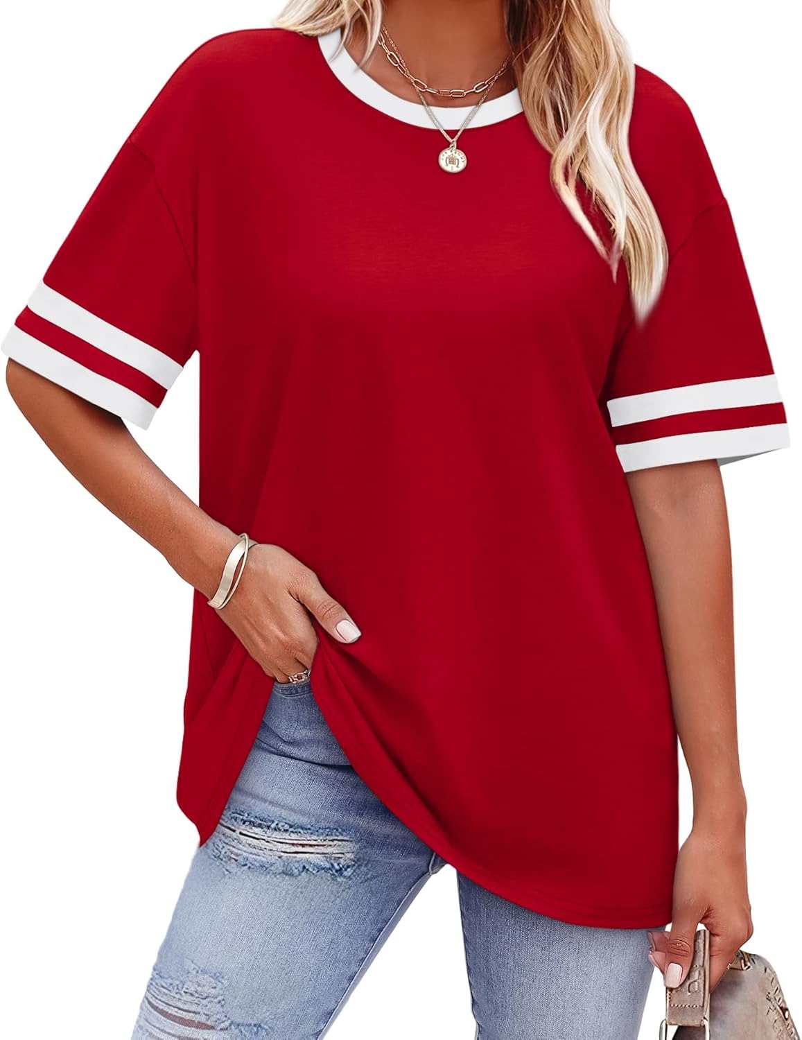 Women's Oversized Crew Neck Colorblock Striped Sleeve T-shirt
