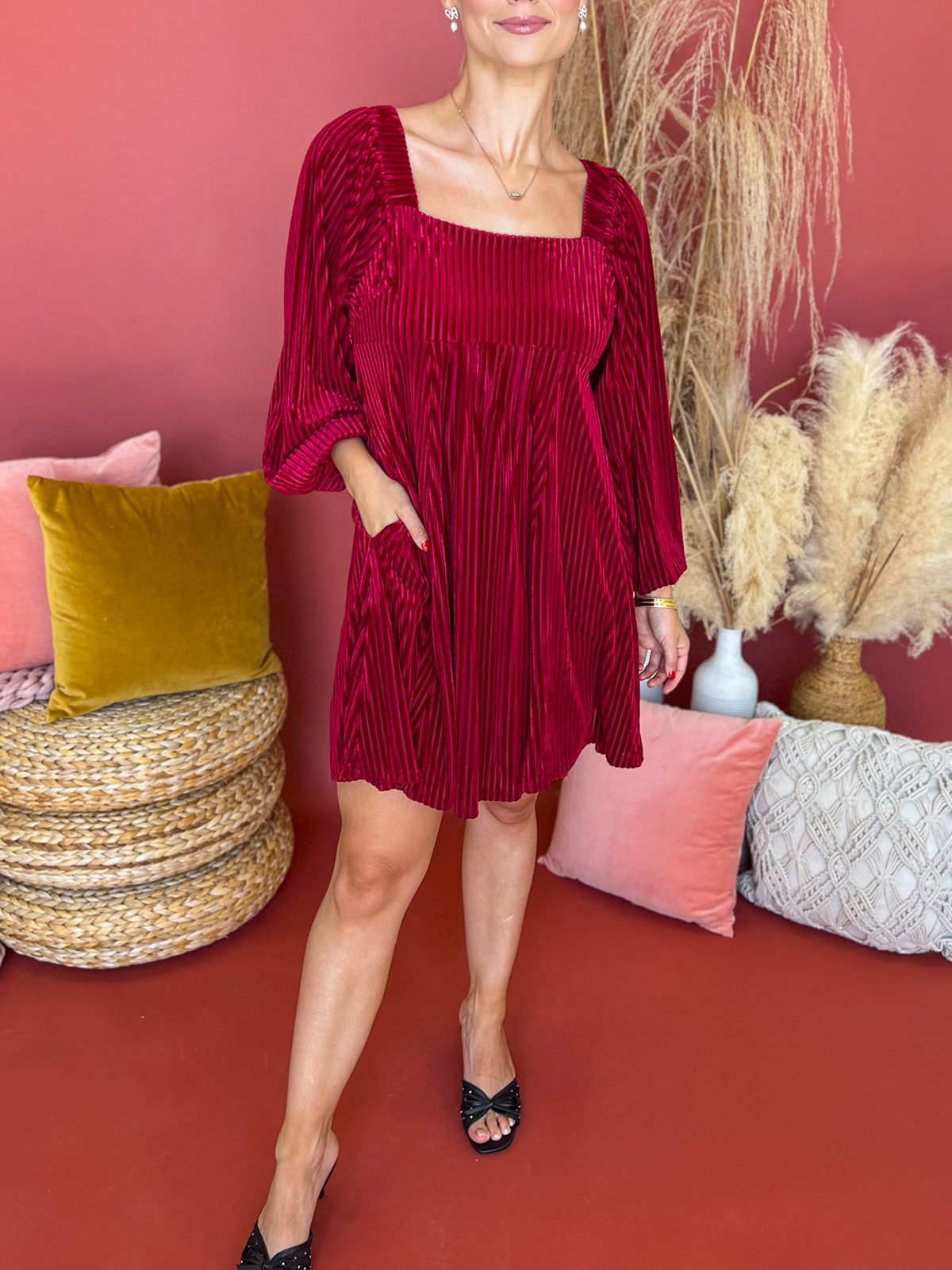 Women's Elegant Square Neck Velvet Puff Sleeve Dress Tie Back