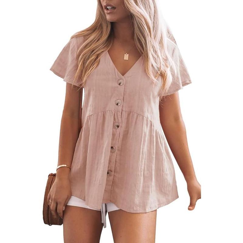Women's Short Sleeve V Neck Blouse Button Down Shirt Loose Casual Ruffle Hem Babydoll Peplum Top