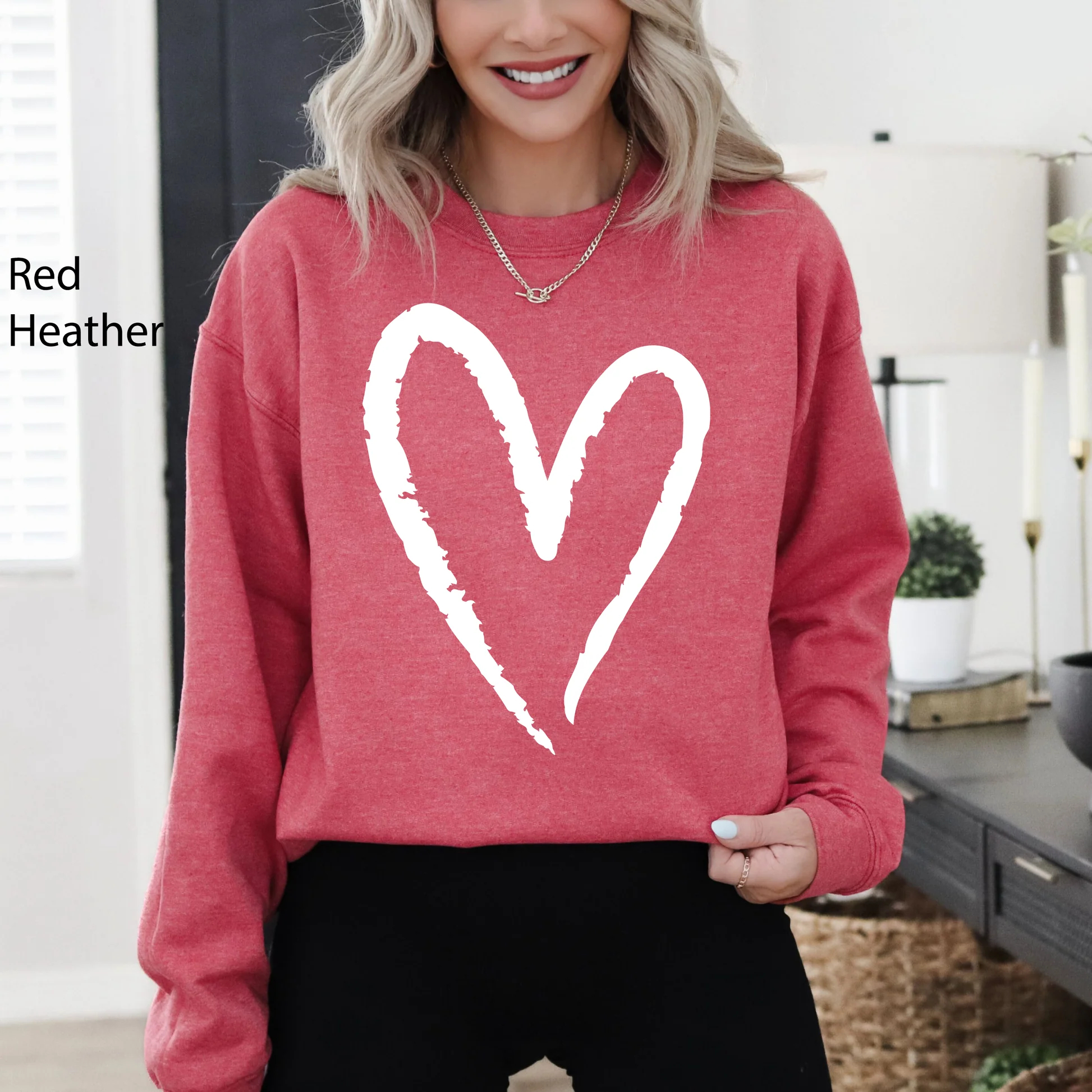 Womens Valentine Day Heart Print Crew Neck Sweatshirt