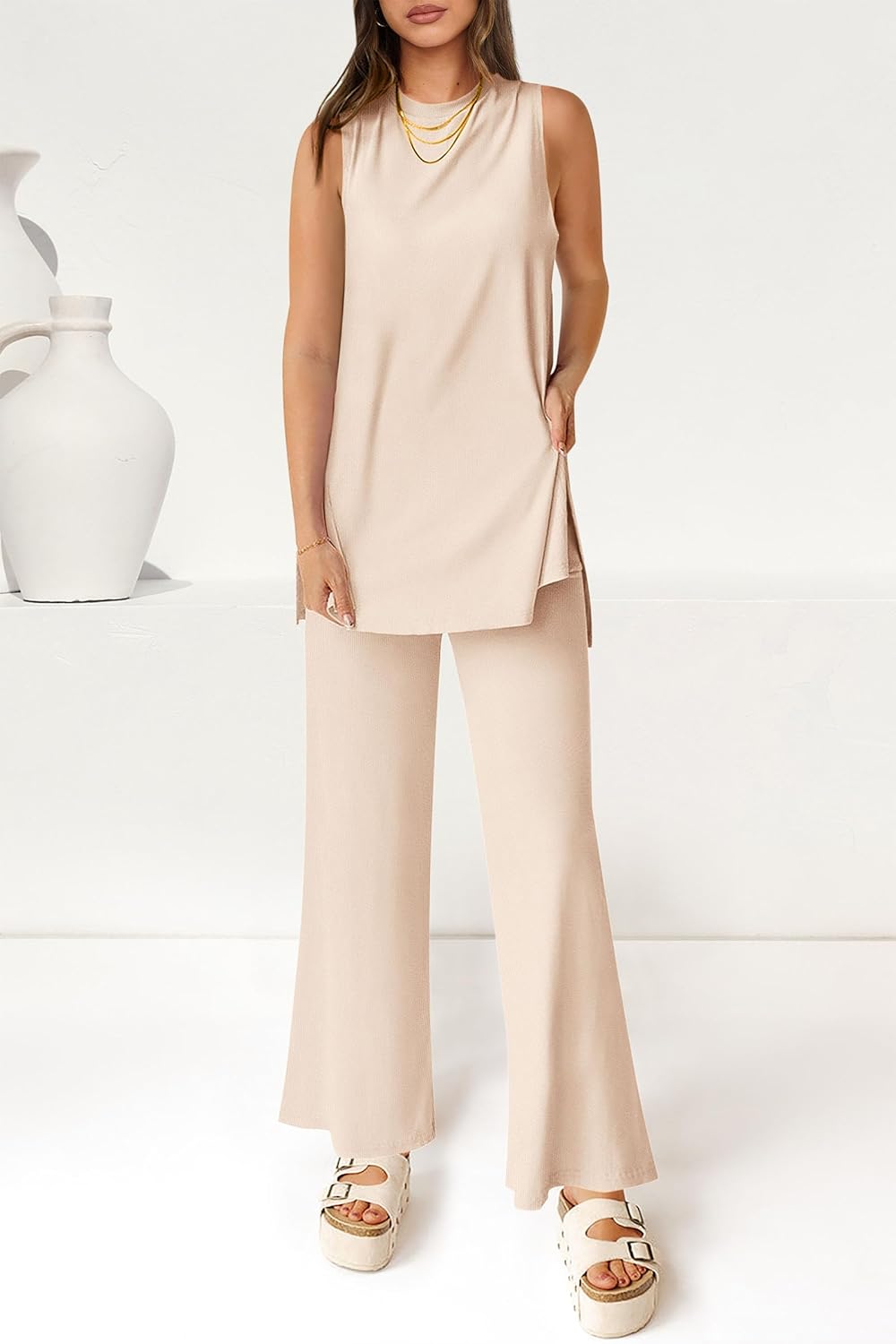 Women's Casual Loose Tank Top Wide Leg Pants 2 Piece Lounge Set