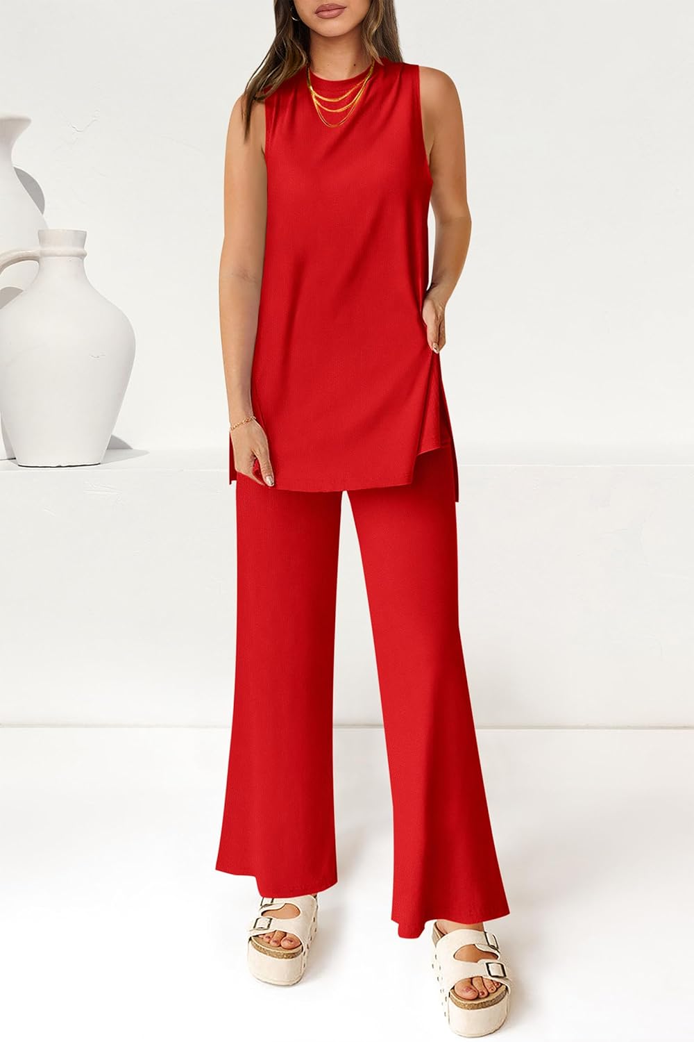 Women's Casual Loose Tank Top Wide Leg Pants 2 Piece Lounge Set