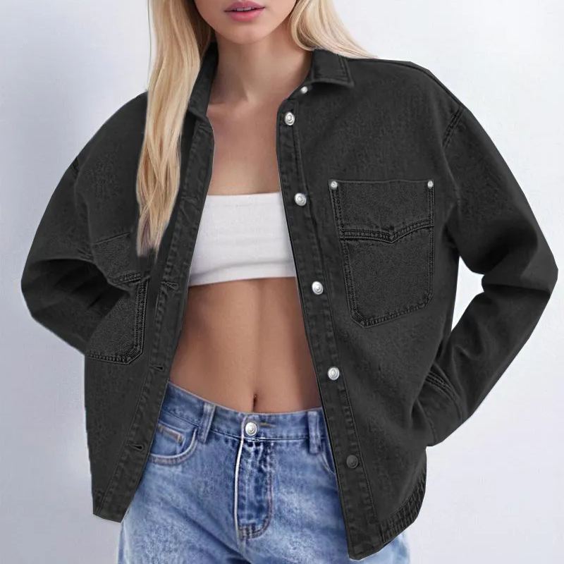 Women's Solid Color Button Front Drop Shoulder Curved Hem Denim Jacket (Final Days: Big Savings!!!)