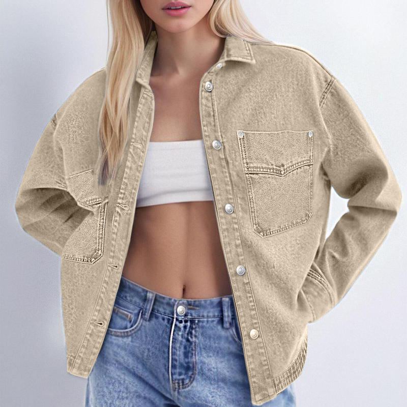 Women's Solid Color Button Front Drop Shoulder Curved Hem Denim Jacket (Final Days: Big Savings!!!)