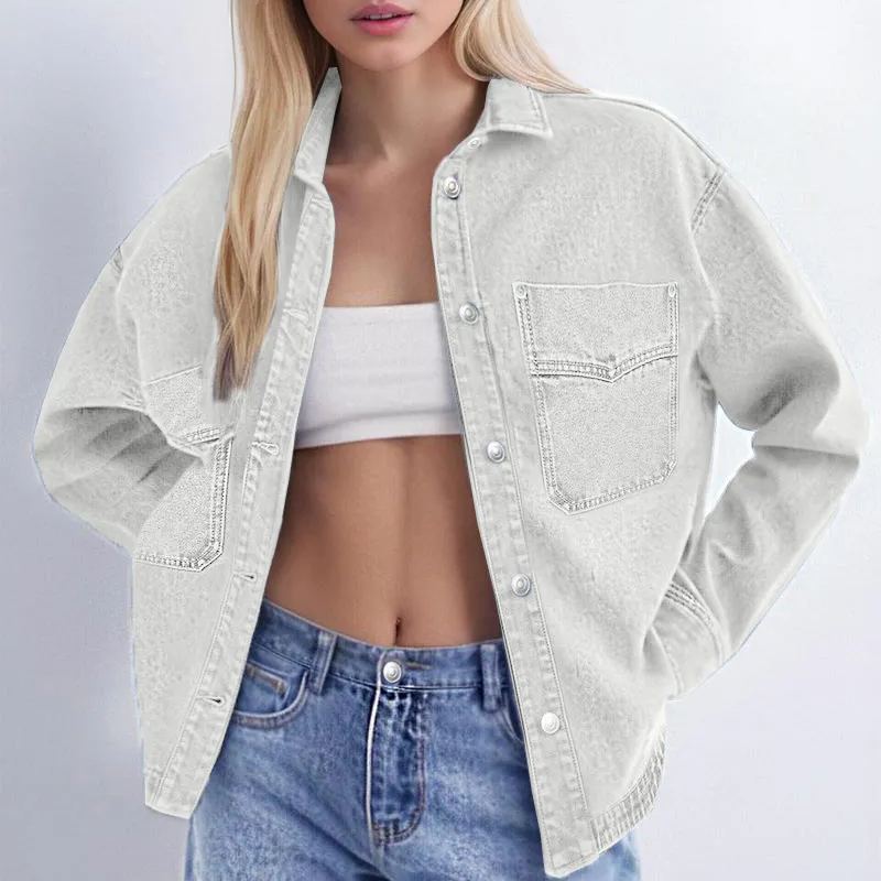 Women's Solid Color Button Front Drop Shoulder Curved Hem Denim Jacket (Final Days: Big Savings!!!)