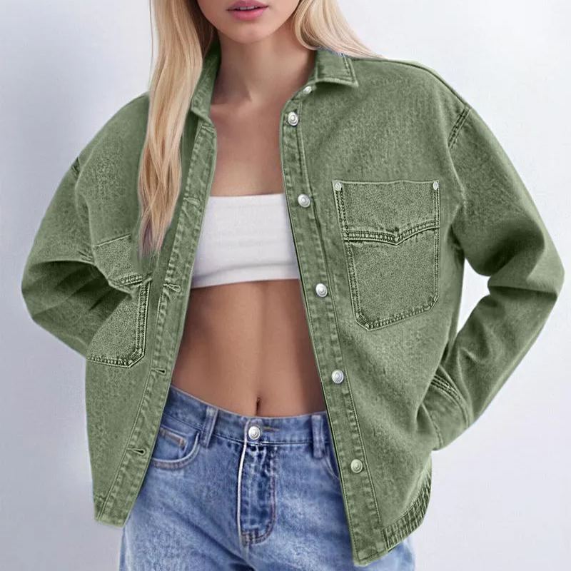 Women's Solid Color Button Front Drop Shoulder Curved Hem Denim Jacket (Final Days: Big Savings!!!)