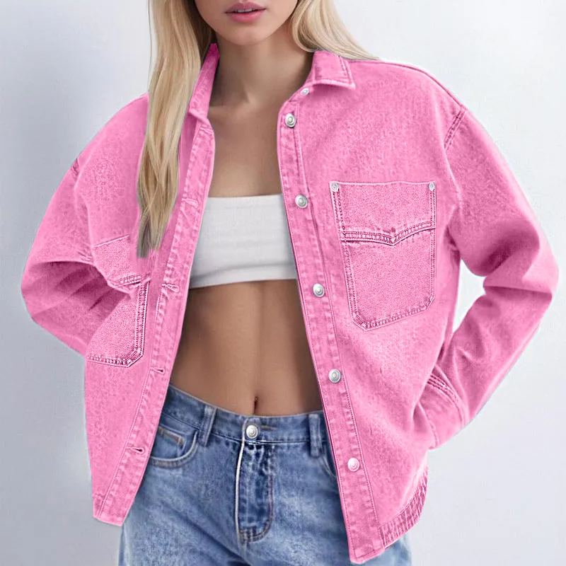 Women's Solid Color Button Front Drop Shoulder Curved Hem Denim Jacket (Final Days: Big Savings!!!)