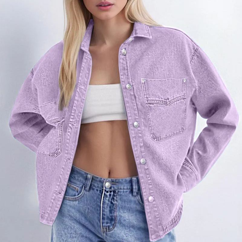 Women's Solid Color Button Front Drop Shoulder Curved Hem Denim Jacket (Final Days: Big Savings!!!)