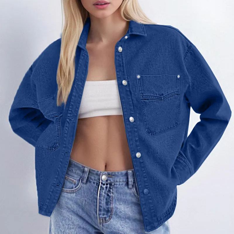 Women's Solid Color Button Front Drop Shoulder Curved Hem Denim Jacket (Final Days: Big Savings!!!)