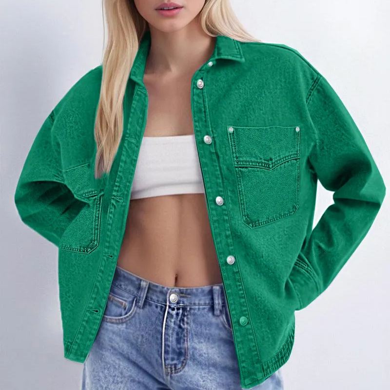 Women's Solid Color Button Front Drop Shoulder Curved Hem Denim Jacket (Final Days: Big Savings!!!)