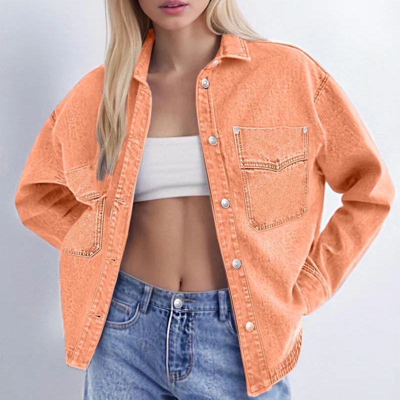 Women's Solid Color Button Front Drop Shoulder Curved Hem Denim Jacket (Final Days: Big Savings!!!)