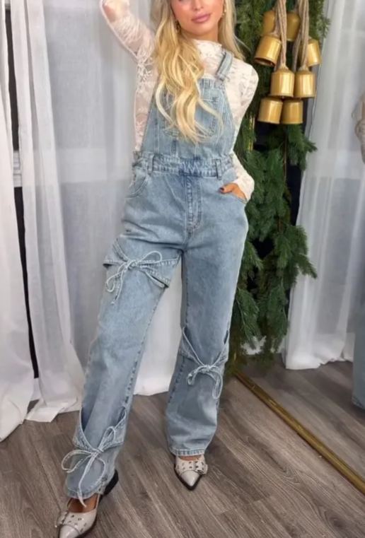 🎀Denim Bowknot Buckle Up Pocket Wide Leg Jumpsuit