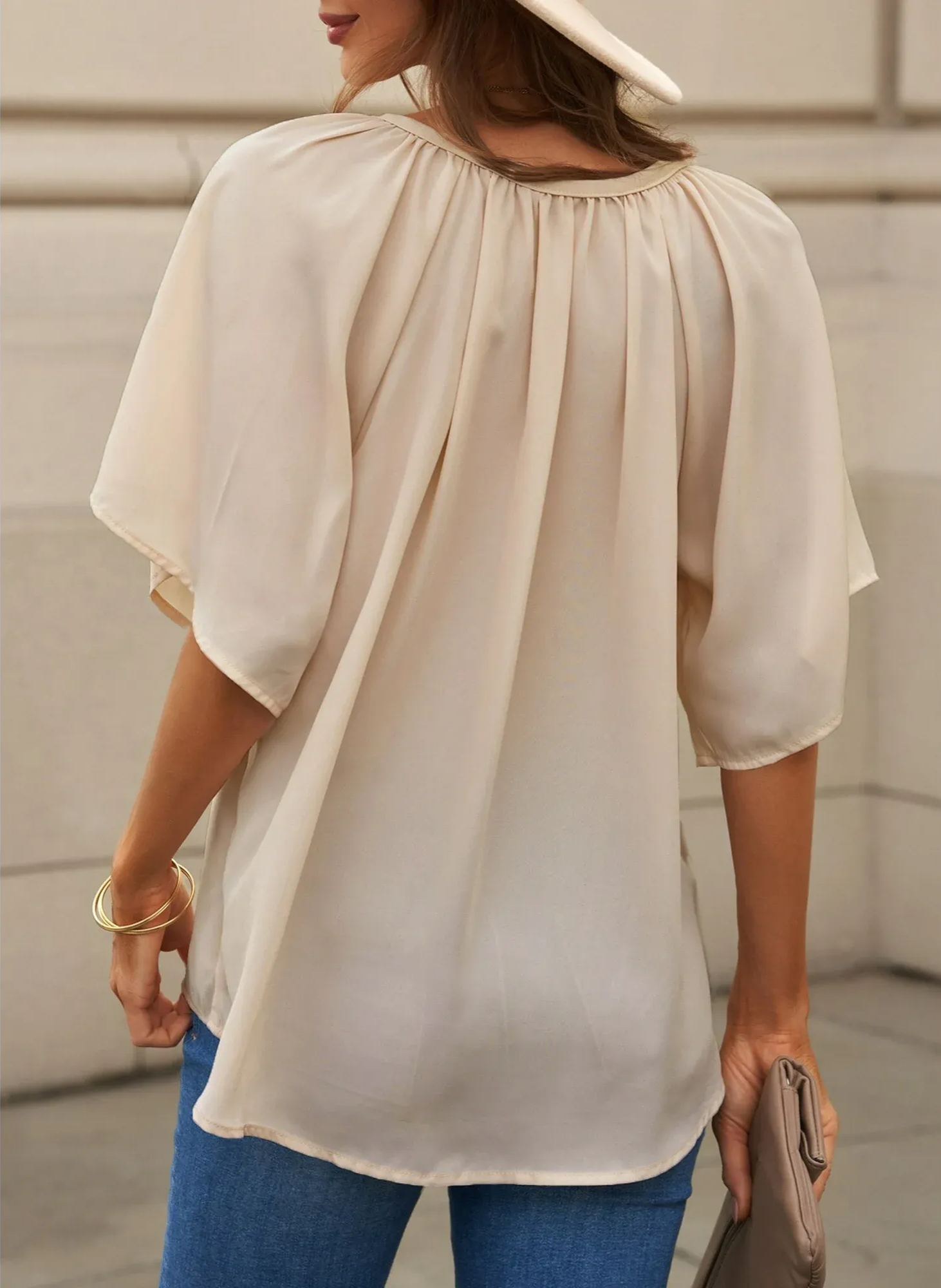 2025 New Women's V Neck 3/4 Batwing Sleeve Blouse Pleated Flowy Tunic Tops(BUY 3 FRE SHIPPING)