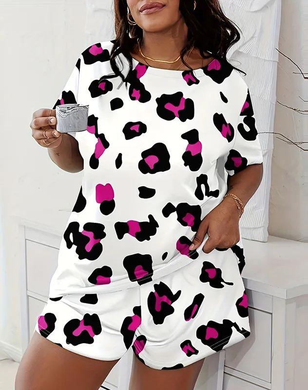 Women's Summer Plus Size All Over Print Loose Pajama Set