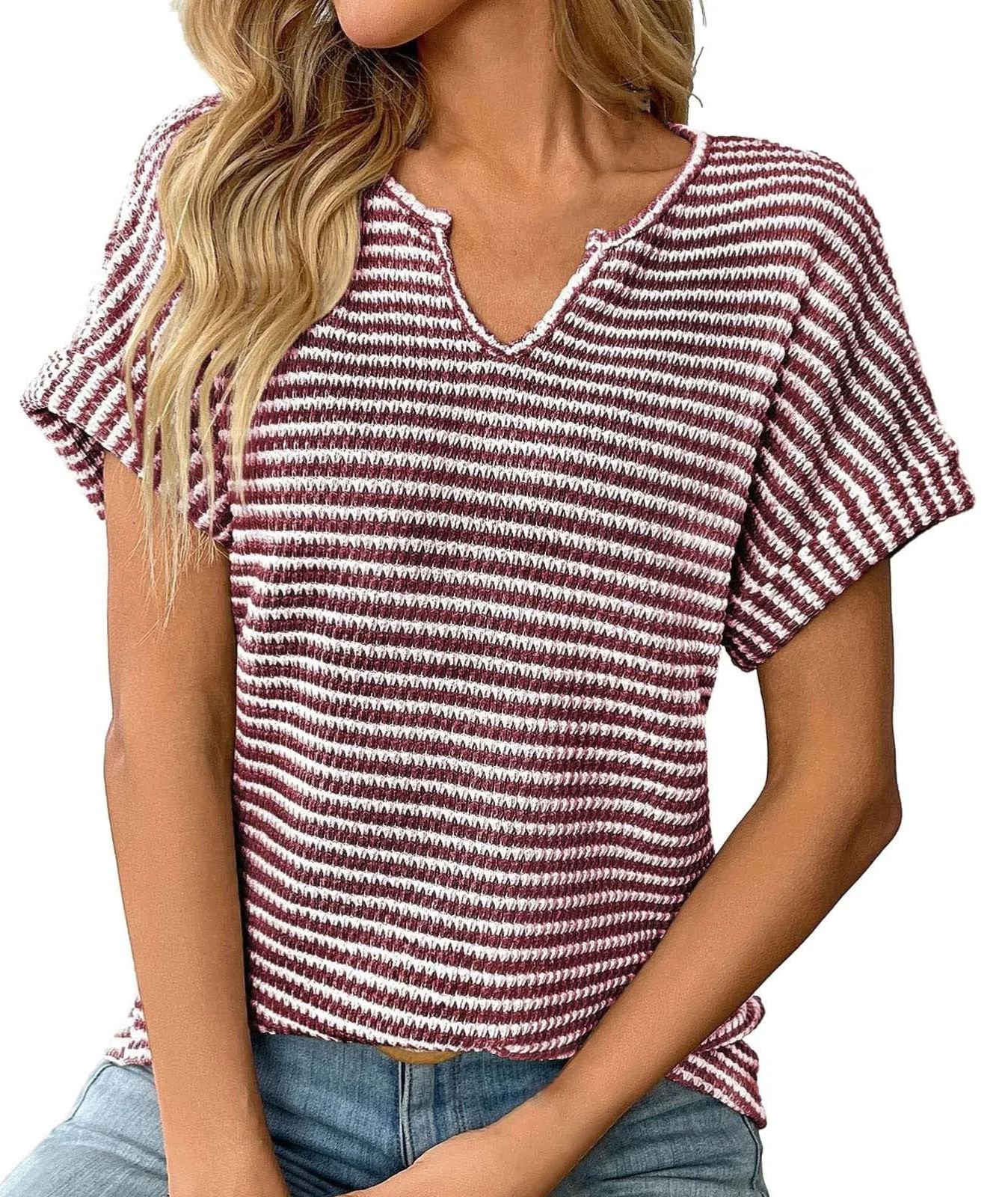 ✨Women's Summer Ribbed V Neck Rolled Hem Knit Top (Buy 2 Free Shipping)
