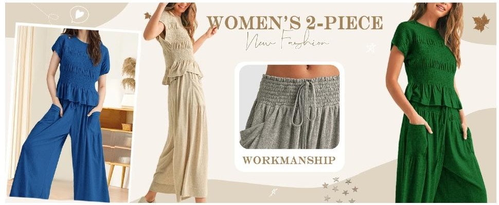 Yeokou Women’s  2-Piece Smocked Top & Wide-Leg Pants Set–High-Waisted Lounge Teacher's Outfit with Pockets Casual Boho Matching Set