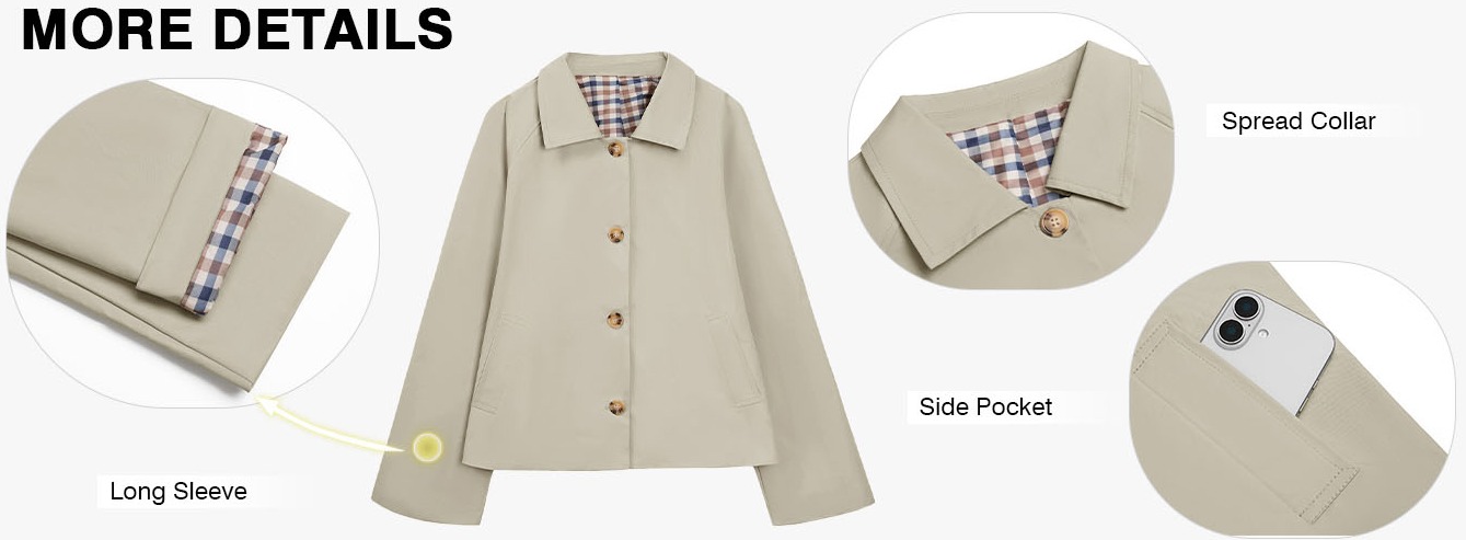 Womens Cropped Trench Coat Lightweight Single Breasted Jacket Fall Windproof Fashion Outerwear