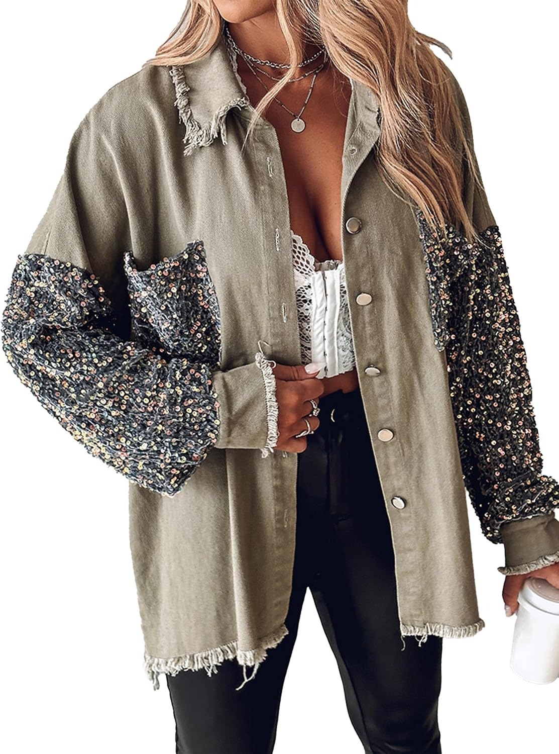 Women's Oversized Sequin Patchwork Long Sleeve Button Front Denim Jacket