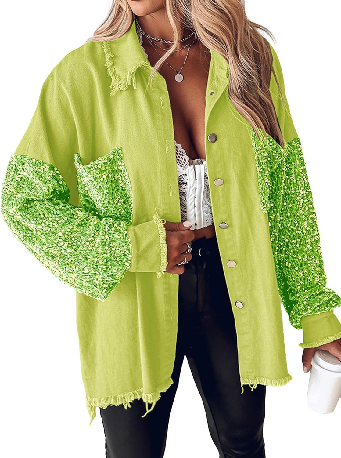 Women's Oversized Sequin Patchwork Long Sleeve Button Front Denim Jacket