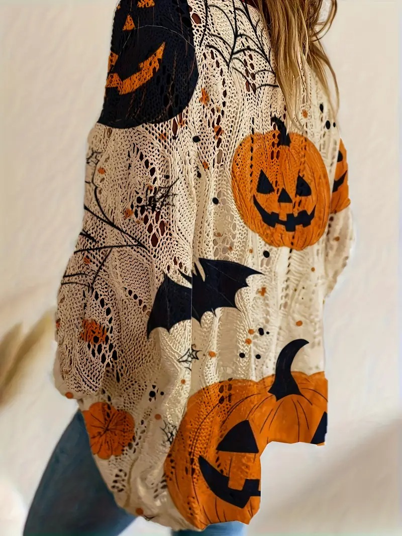Halloween Crew Neck Pumpkin Loose Fit Long Sleeve Cutout Sweater(BUY 2 FREE SHIPPING)