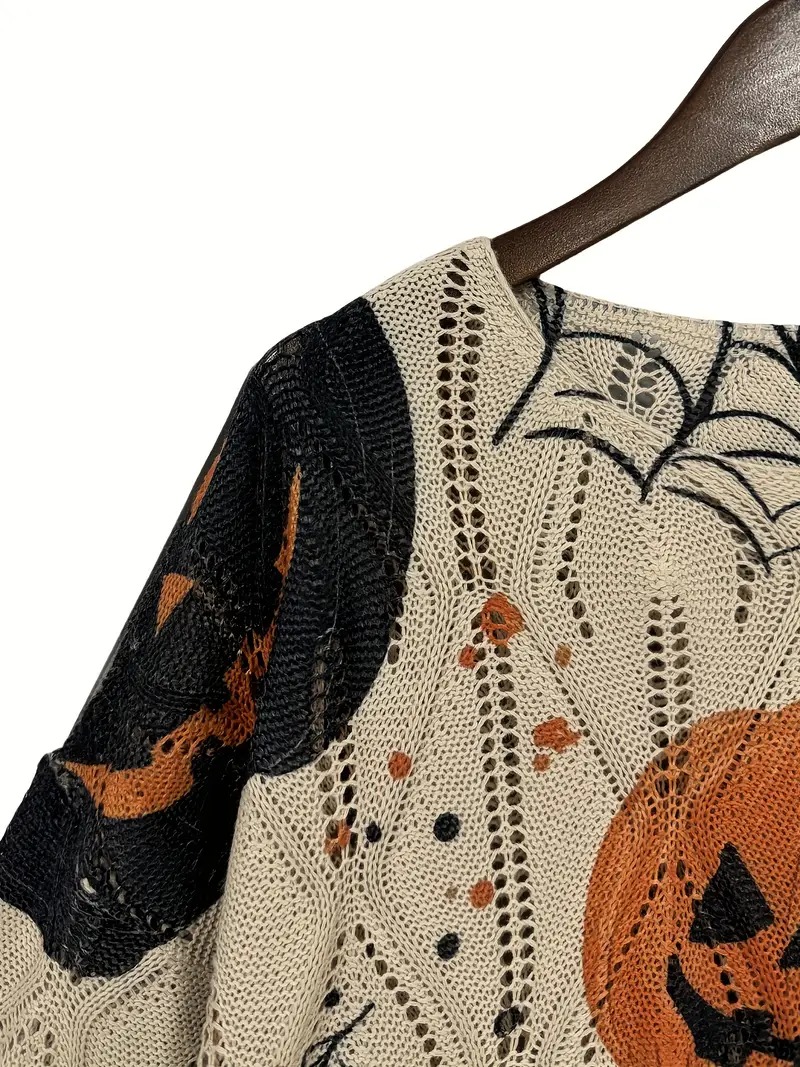 Halloween Crew Neck Pumpkin Loose Fit Long Sleeve Cutout Sweater(BUY 2 FREE SHIPPING)