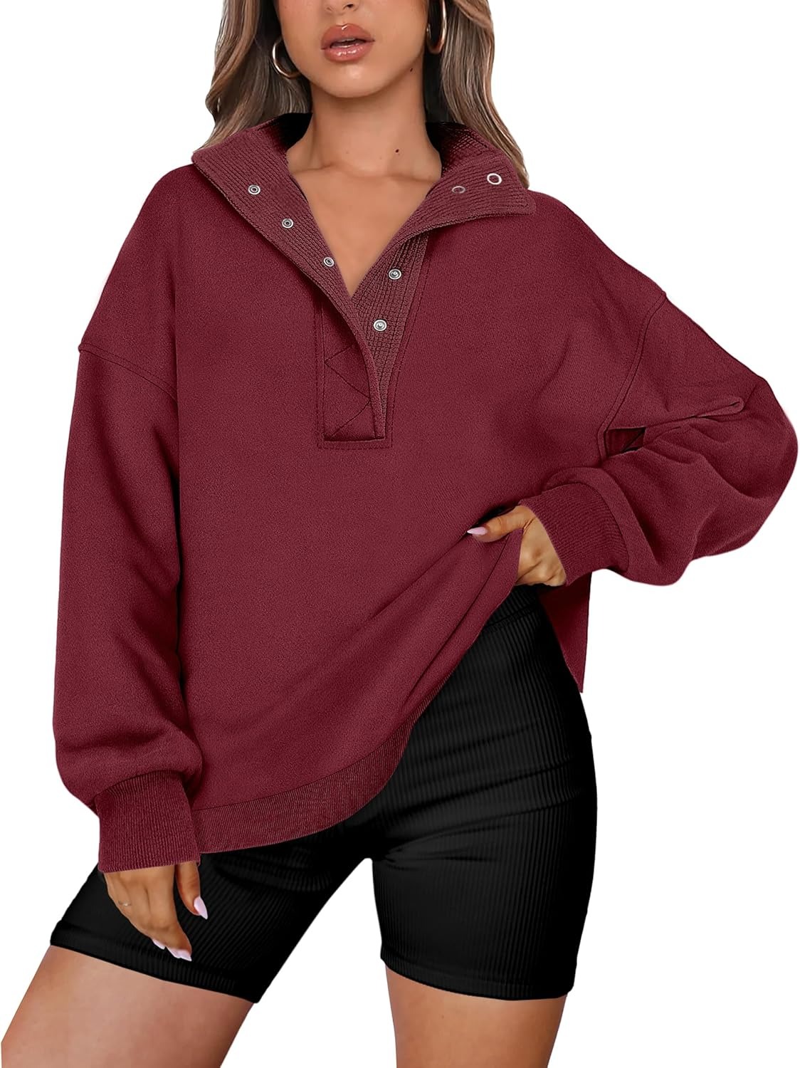 Women's Oversized Button Up Henley Pullover Sweatshirt
