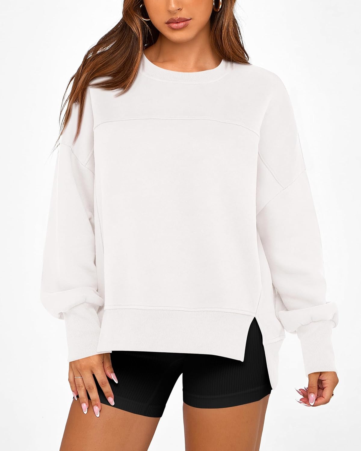 Women's Casual Crewneck Sweatshirts Long Sleeve Side Slit Fleece Pullover Tops(BUY 2 FREE SHIPPING)