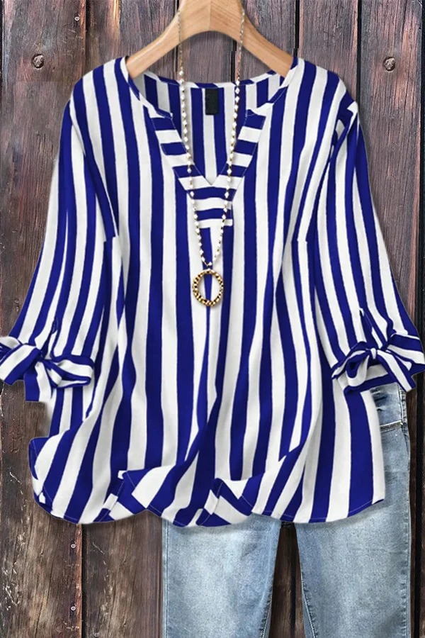 Women's Casual Striped V-Neck Tied Sleeve Top  Versatile Blouse(BUY 2 FREE SHIPPING)